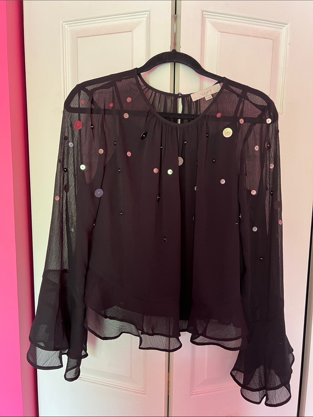 LOFT Black Sheer Ruffle Peplum Sequin-Accent Long Sleeve Blouse Size Small